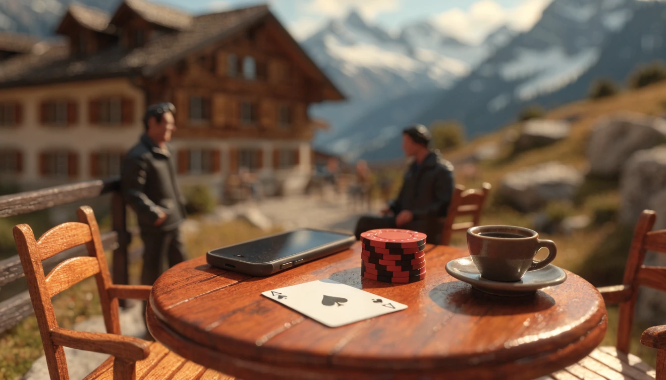 Smartphone, Casino-Chips und Spielkarte auf einem Holztisch vor Schweizer Alpen