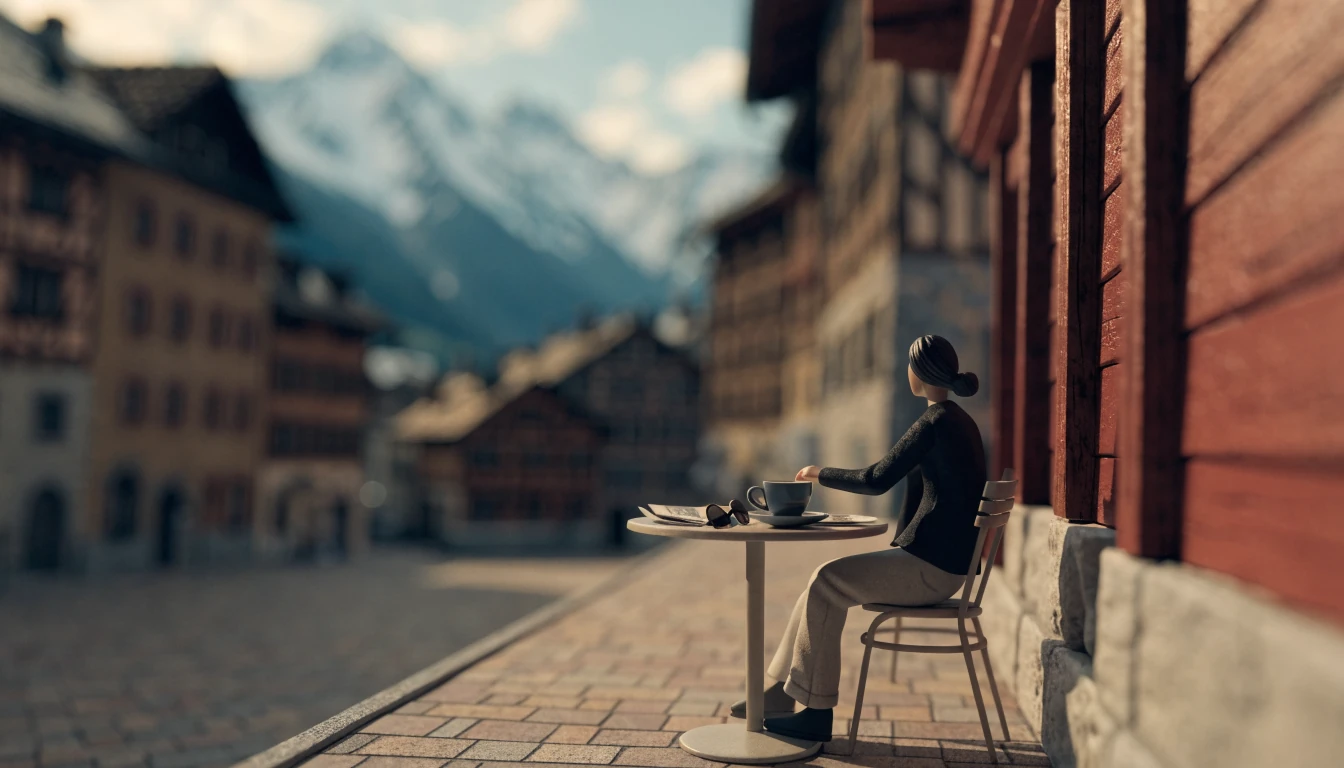 Person legt Smartphone mit dem Bildschirm nach unten auf einen Cafétisch in einer Schweizer Alpenstadt.