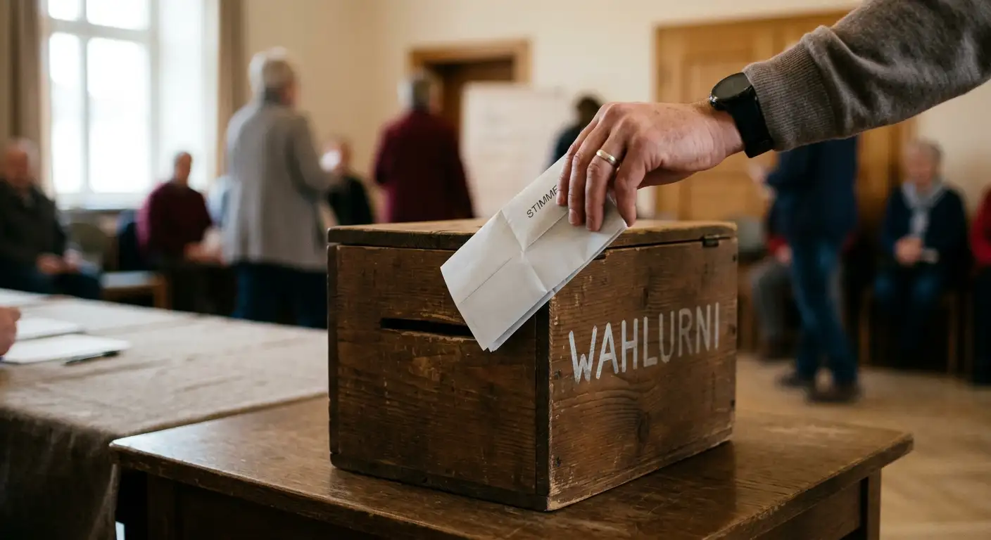 Symbolische Darstellung der Schweizer Volksabstimmung 2018 zum Geldspielgesetz mit Stimmzettel und Urne